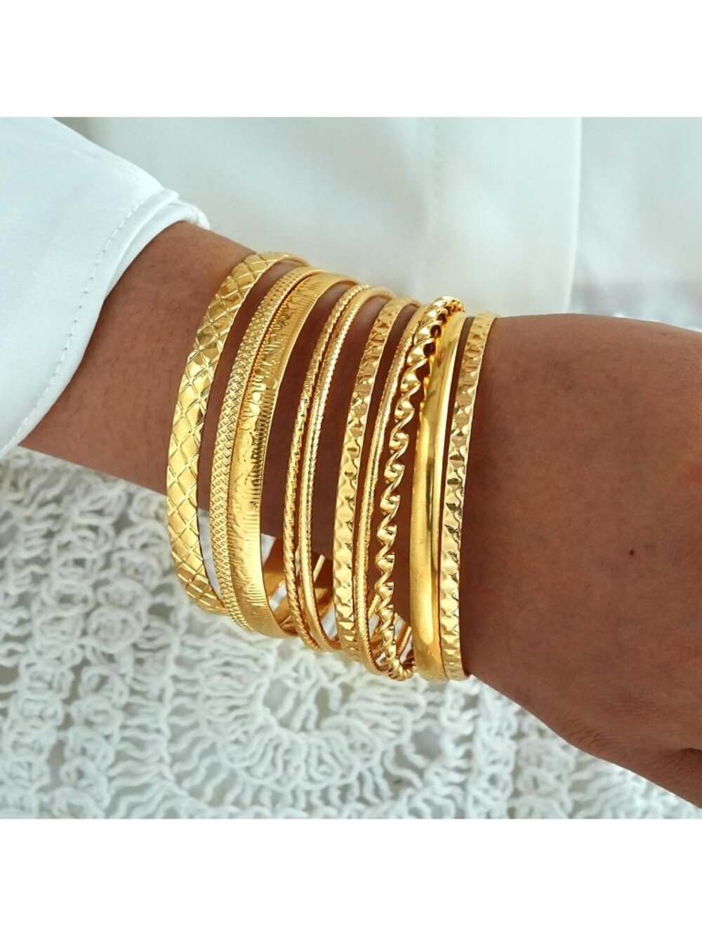 Women's Indian Bangles Set, Multi Layer Textured 14K Gold Plated Chunky Bracelet - Picture 3 of 6